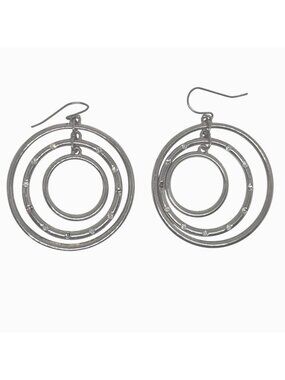 Vintage Silver‎ Tone Triple Circle Hoop Dangle Earrings Rhinestone Accents